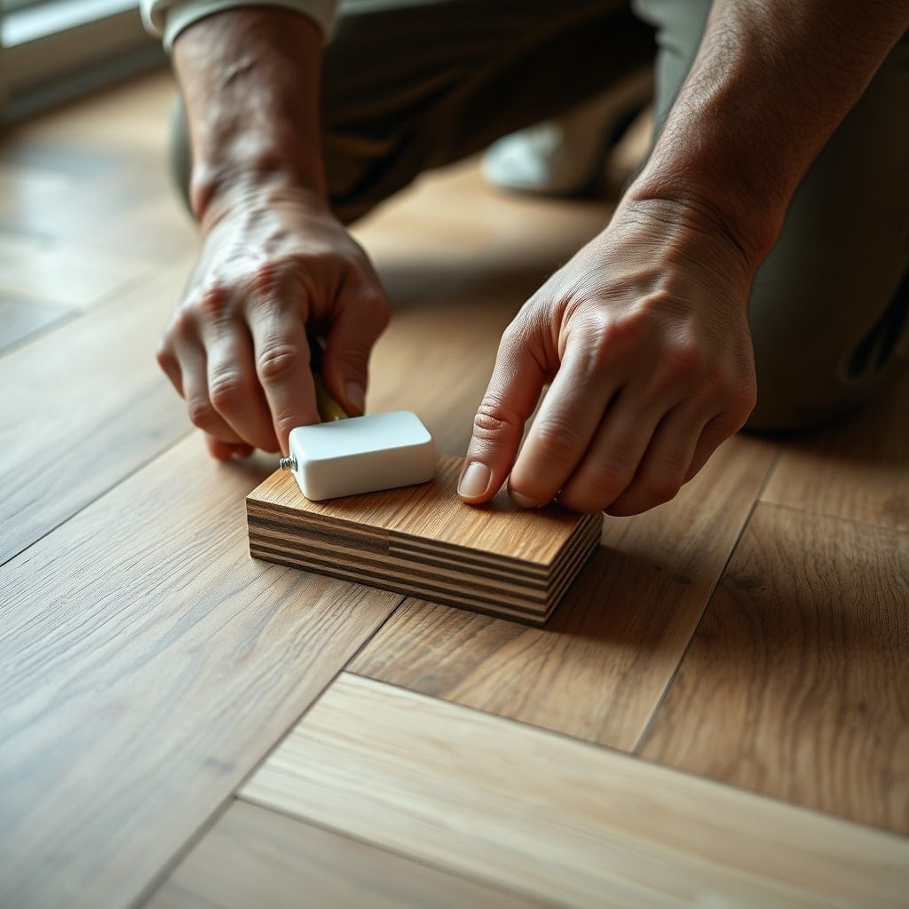 Mains posant une lame de parquet au maillet